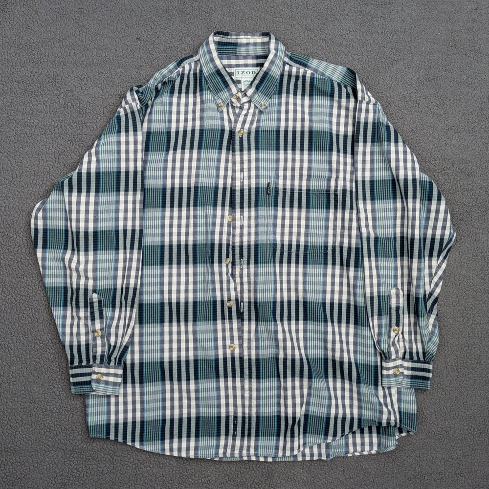 Izod Mens Large Blue Green Plaid Long Sleeve Button Down Cotton Shirt L